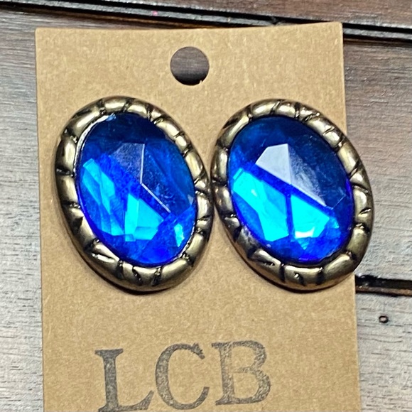 Vintage Silver and Blue Geometric Oval Large Statement Button Earrings - Picture 3 of 8